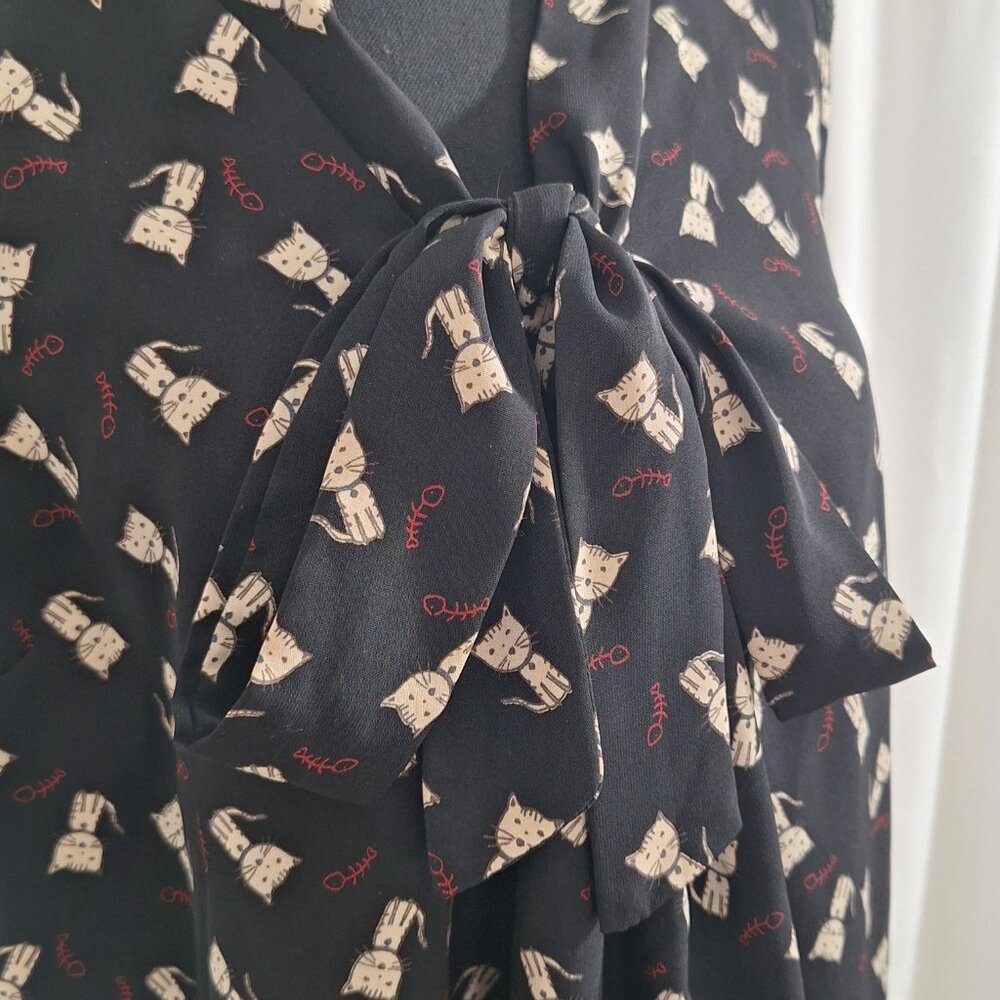 Jessie B Cat Print Tie-Neck Blouse XL Black Cream Retro Office Casual Top - Picture 2 of 16